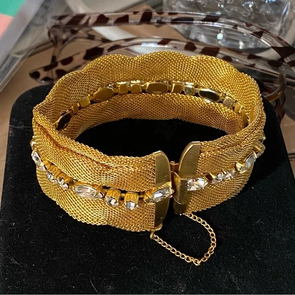 Wide Gold Mesh Bracelet with Clear Prong set Rhinestone Row. 7” - Picture 11 of 11